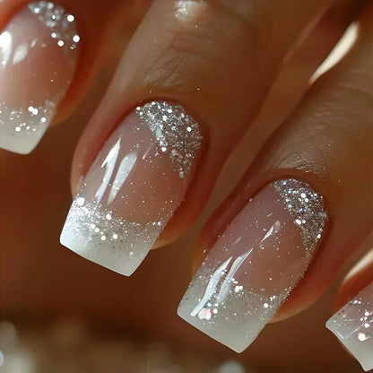 24PCS Short Square Coffin False Nails – French Glitter Acrylic Press-On Nail Tips with Glue, Wearable Fake Nails Set