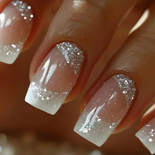 24PCS Short Square Coffin False Nails – French Glitter Acrylic Press-On Nail Tips with Glue, Wearable Fake Nails Set
