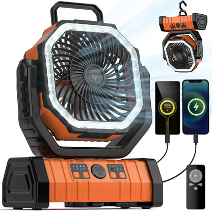 20000mAh Portable Camping Fan — Rechargeable Battery-Powered Outdoor Tent Fan with LED Light, Hanging Hook & 4-Speed Wind