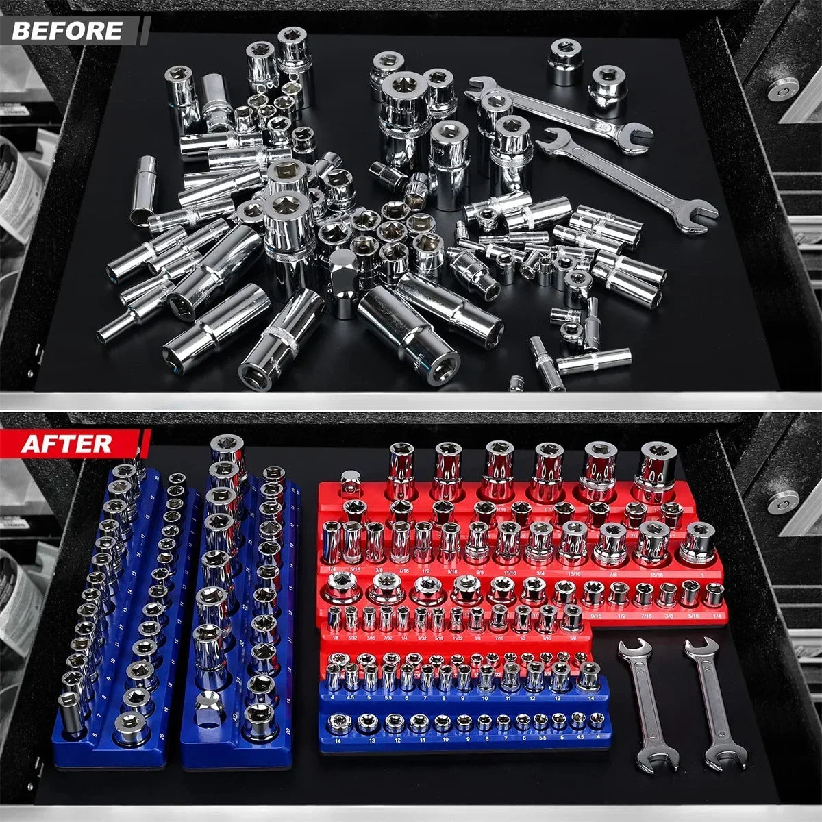 Blue Magnetic Socket Storage Rack - 1/4", 3/8" & 1/2" Drive Metric Tool Organizer Holder