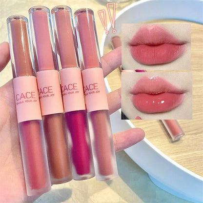 Double-End Lip Glaze – Glossy Mirror & Matte Velvet, Long-Lasting Color & Moisture, Anti-Stain Lip Gloss Cosmetic
