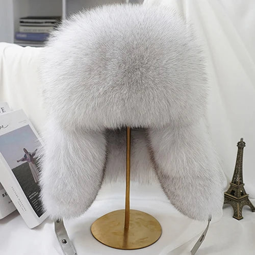 Natural Raccoon & Fox Fur Russian Ushanka Hat – Women’s Black Winter Bomber Cap with Ear Flaps
