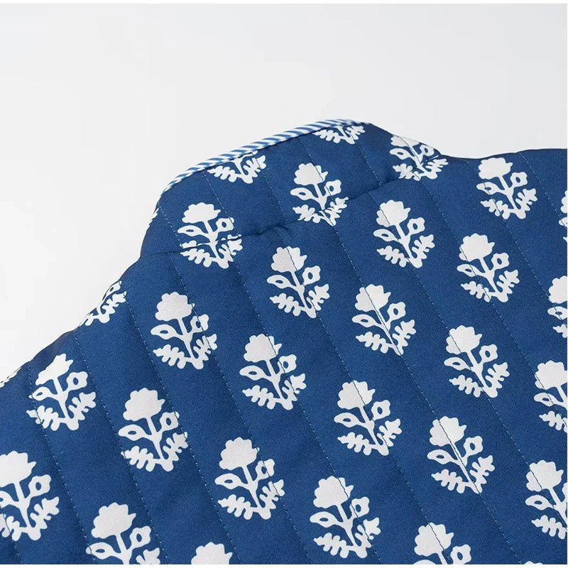 2025 Women’s Printed Quilted Padded Jacket – Collared Cotton Coat with Contrast Piped Pockets, Casual Autumn Outerwear