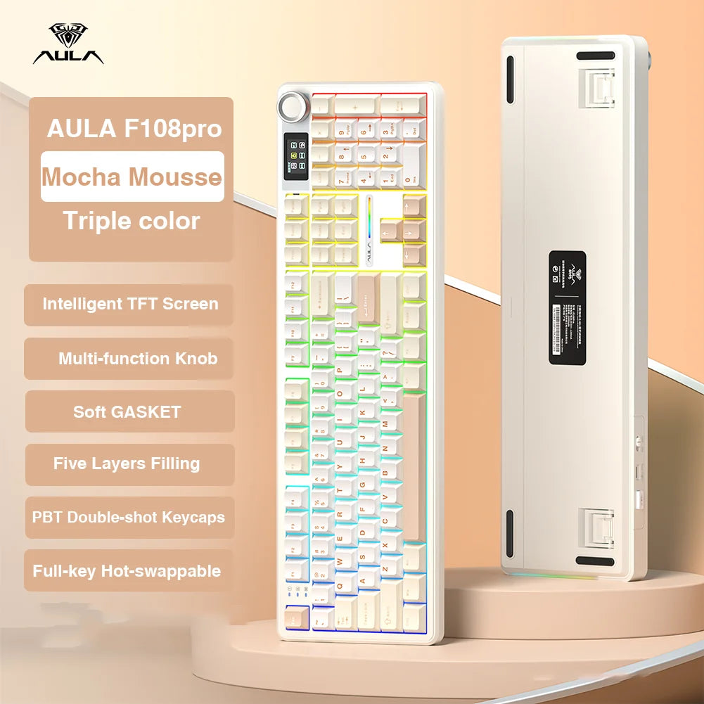 AULA F108 Pro Full-Size Gaming Keyboard – Wireless Bluetooth, Hot-Swappable Gasket Mount, Macro Keys, TFT Smart Display