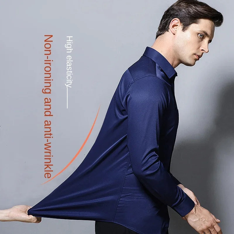 Men's Long-Sleeved Elastic Dress Shirt - Non-Iron Business Attire with Stand-Up Collar - Professional Work Shirt