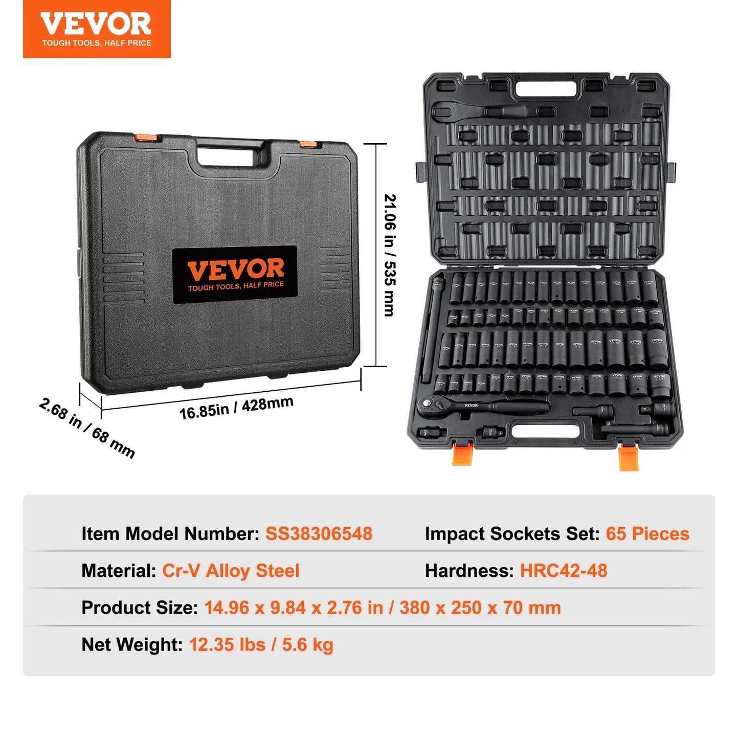 VEVOR 1/2" Drive Impact Socket Set – 6-Point Cr-V Alloy Steel for Auto Repair with Easy-to-Read Size Markings & Rugged Construction