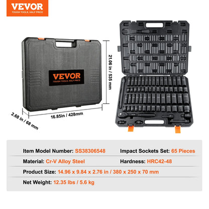 VEVOR 1/2" Drive Impact Socket Set – 6-Point Cr-V Alloy Steel for Auto Repair with Easy-to-Read Size Markings & Rugged Construction