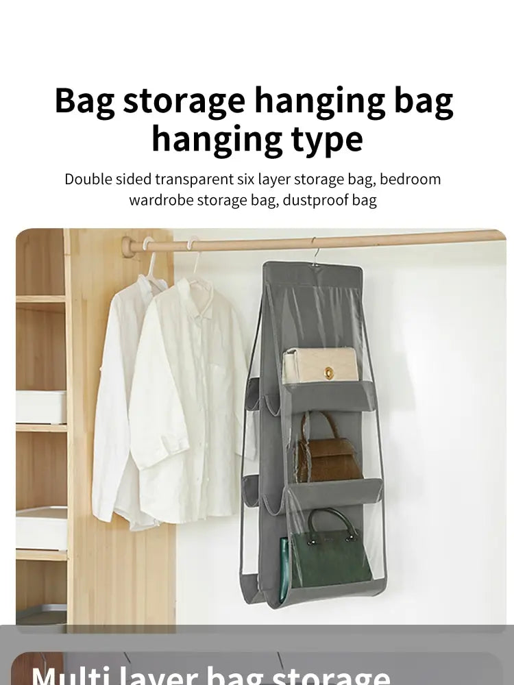 6-Pocket Hanging Handbag Organizer – Gray Waterproof Storage Bag with Hanger for Closet, Door & Wall