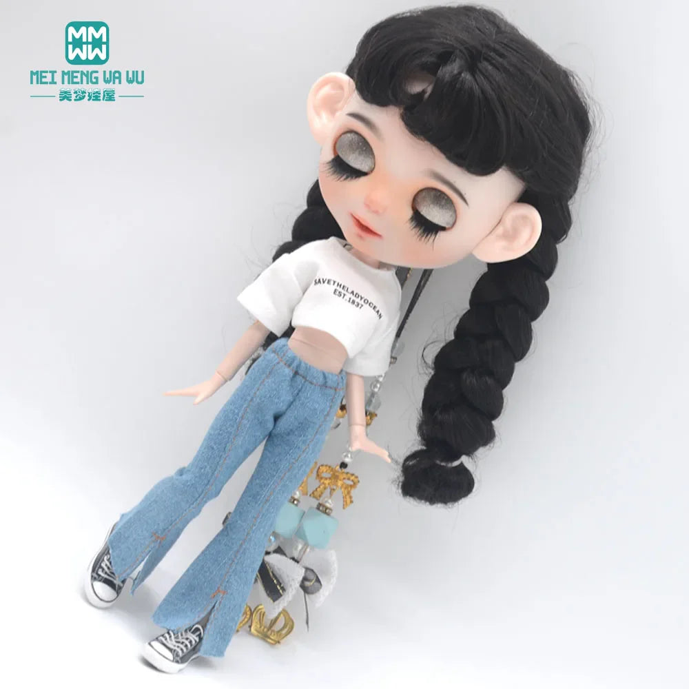 Blythe Doll Clothes – Fashion Tops, Black & White Shirts with Jeans & Plaid Pants for Azone OB22/OB24 Dolls