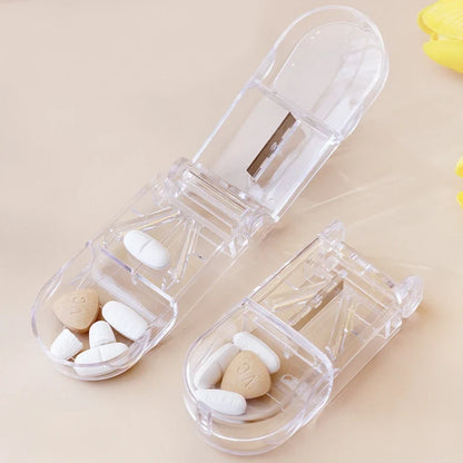 2-in-1 Pill Cutter with Invisible Storage Box – Portable Mini Tablet & Medicine Crusher, Dustproof Divider Organizer
