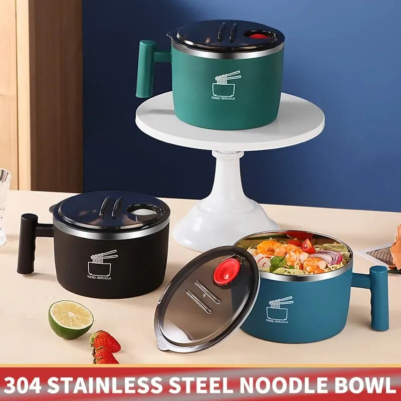 Stainless Steel Bowl with Lid - Sealed and Portable Drain Bowl for Instant Noodles - Ideal Kitchen Utensil and Noodle Partner