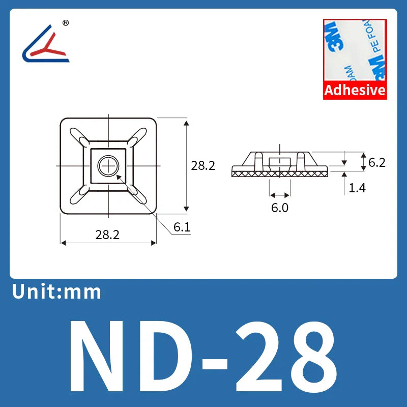 ND 20/50/100PCS Self-Adhesive Cable Tie Mounts – Zip Wire Tie Holder with Screw Hole Base