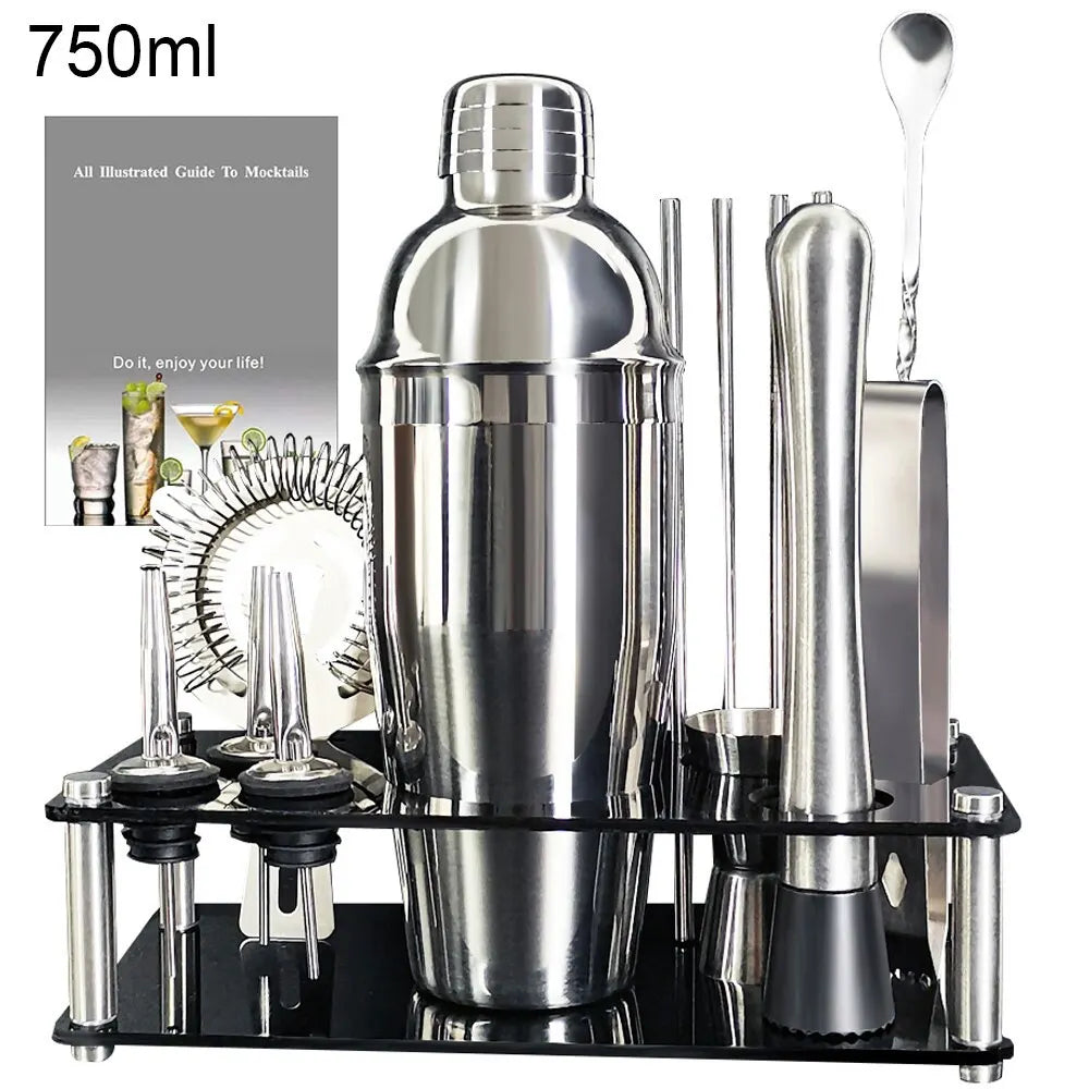 13-22Pcs Boston Cocktail Shaker Set - 750ml & 600ml Bar Tools, Wine Mixer Kit with Holder - Professional Bartender Tool Kit