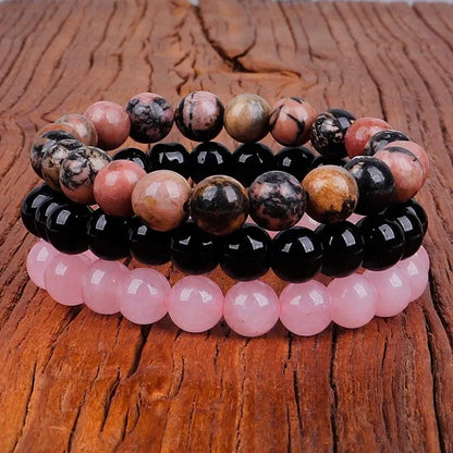 3Pcs Natural Stone Bracelet Set: 8mm Rhodonite, Rose Quartz, Amethysts, Hematite - Unisex Jewelry for Women & Men
