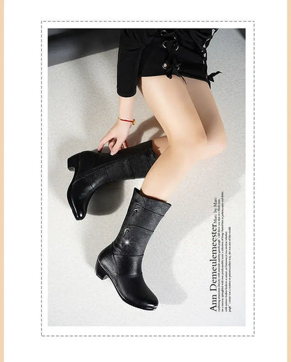 2024 Women’s Fashion Mid-Calf Boots – Waterproof Leather, Anti-Slip Zipper Winter Footwear