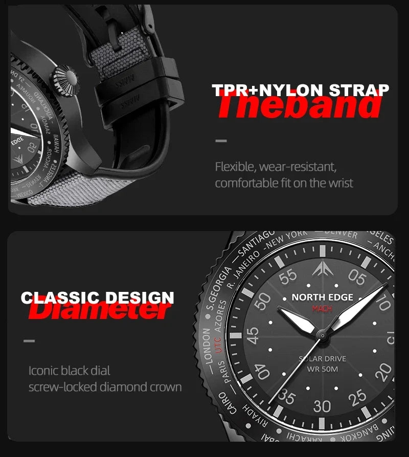 NORTH EDGE MACH 2024 Solar Powered Men's Watch – Dual Time Zone Waterproof Pilot Watch with TPR Nylon Strap