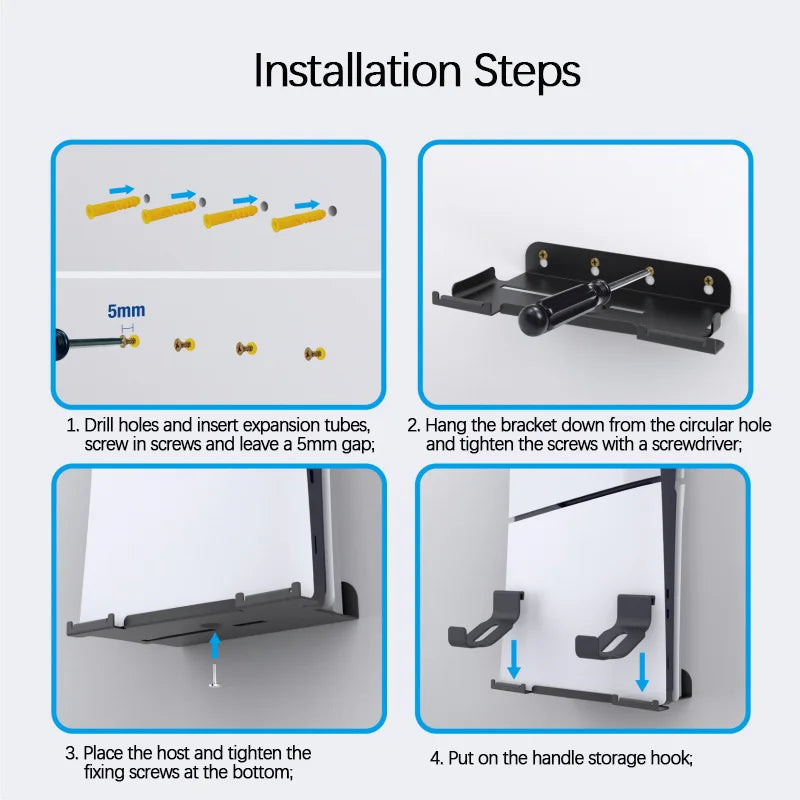Wall-Mounted PS5 Slim Console Stand – Holder with 2 Controller Hooks & Punch Alignment Sticker, Easy Installation