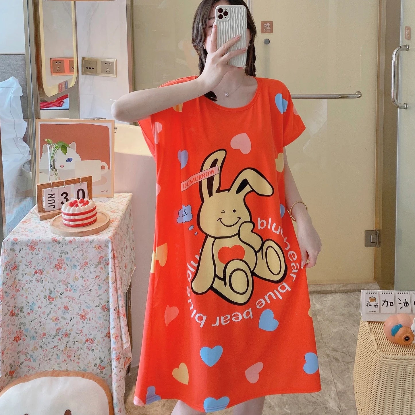 Girls’ Summer & Autumn Cartoon Nightdress – Cute Short-Sleeved Pajama Dress, Comfortable Homewear, Polyester Sleepwear