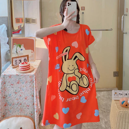 Girls’ Summer & Autumn Cartoon Nightdress – Cute Short-Sleeved Pajama Dress, Comfortable Homewear, Polyester Sleepwear