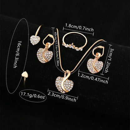 Women's Gold Quartz Watch Jewelry Set – Luxury Wristwatch with Ring, Necklace & Rhinestone Earrings