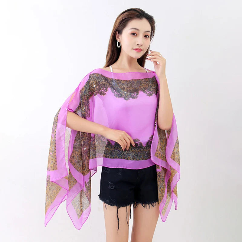 Women’s Summer Beach Shawl – Loose Chiffon Bikini Cover-Up Blouse with Buttons Sun Protection Scarf