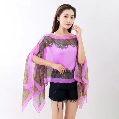 Women’s Summer Beach Shawl – Loose Chiffon Bikini Cover-Up Blouse with Buttons Sun Protection Scarf