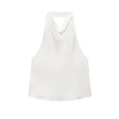 Women's Satin Halter Backless Camisole Top – Off Shoulder Summer Beach Tank Blouse
