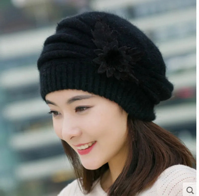 Women’s Winter Flower Beret – Thick Knitted Wool Hat, Warm Autumn & Winter Mom Hat
