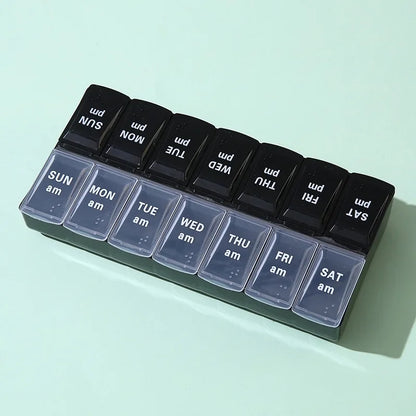 Weekly Travel Pill Organizer Box – 7-Day Portable Medicine & Vitamin Storage with 14 Grid Compartments