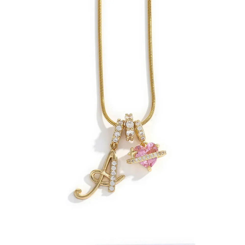 Gold Zircon Flower Letter Necklace - A-Z Alphabet Pendant Jewelry Gift for Women