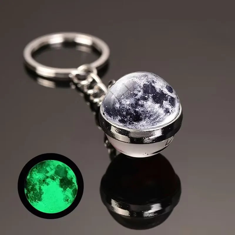 Glow in the Dark Solar System Keychain – Luminous Nebula Planet Key Ring with Moon, Earth, Sun, Double-Sided Glass Ball