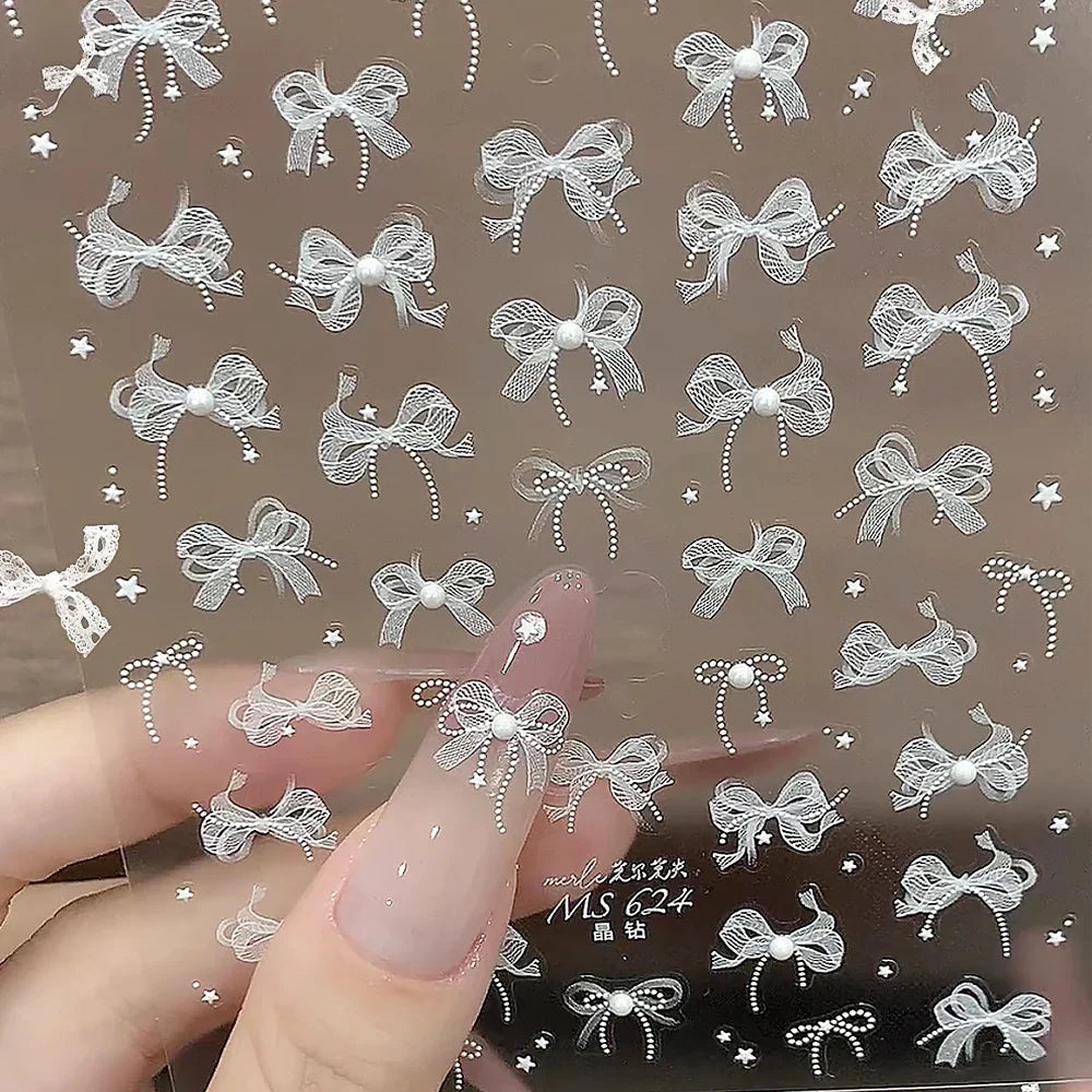 5D White Lace Bowknot Nail Art Stickers – Self-Adhesive Pearl Ribbon Luxury Nail Decals for DIY Manicure Decoration
