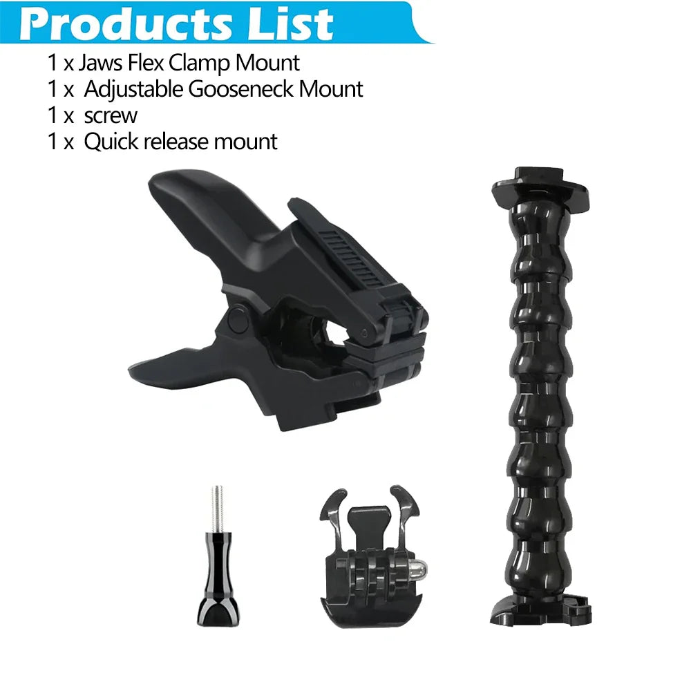 Jaws Flex Adjustable Gooseneck Clamp Mount for GoPro Hero 4–12, Insta360 & DJI Osmo Action Cameras