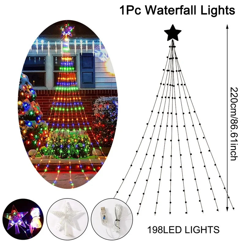 LED Star Waterfall Lights – Christmas String Lights for Tree Ornaments | Home Decor for Christmas 2024 and New Year 2025
