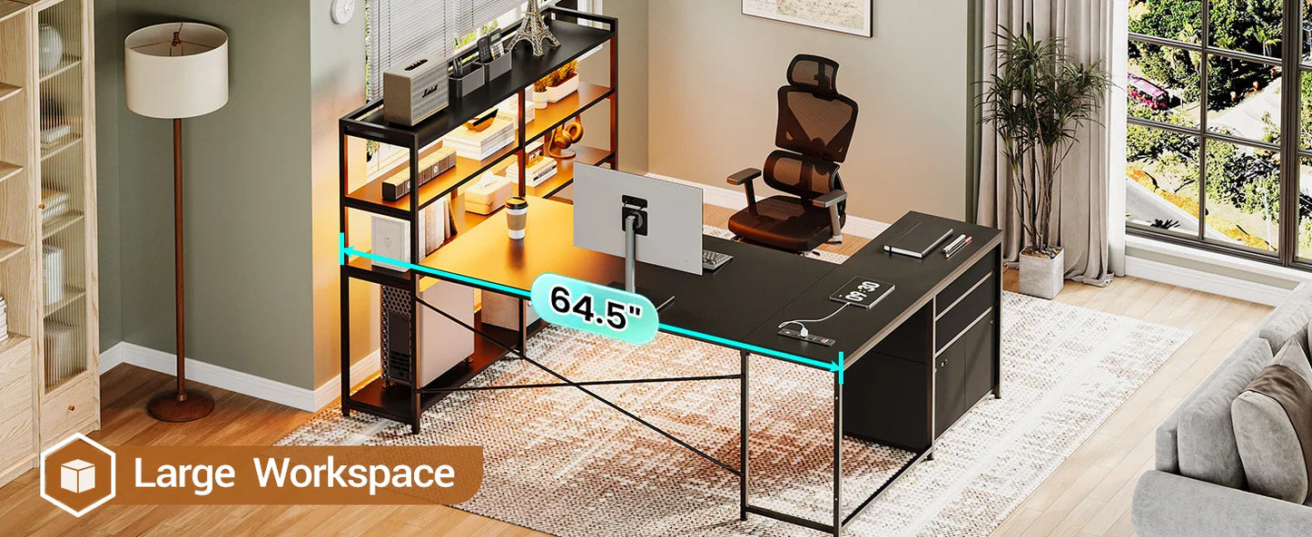 L-Shaped Gaming Desk – Reversible U Shaped Computer Desk with Power Outlet, Storage Shelves & LED Lighting