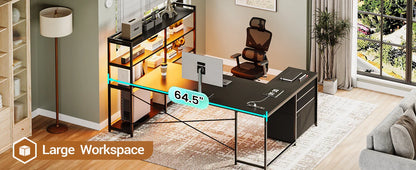 L-Shaped Gaming Desk – Reversible U Shaped Computer Desk with Power Outlet, Storage Shelves & LED Lighting