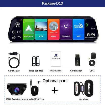 E-ACE 10'' 4G Android Dash Cam – FHD 1080P Dual Lens Rearview Mirror DVR with ADAS & Streaming