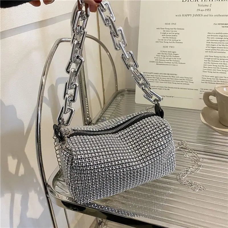 Allover Rhinestone Bucket Bag – Glitter Chain Prom Purse, Women's Mini Crossbody Bag (6.3 x 3.54 Inches)