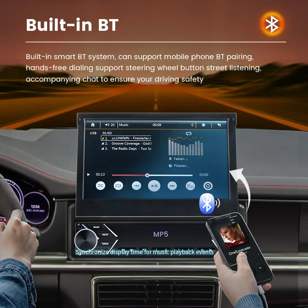 Carplay Android Auto 1 Din MP5 Player - 7 Inch Retractable Touch Screen, FM Radio, Mirror Link, Manual & Automatic Car Player