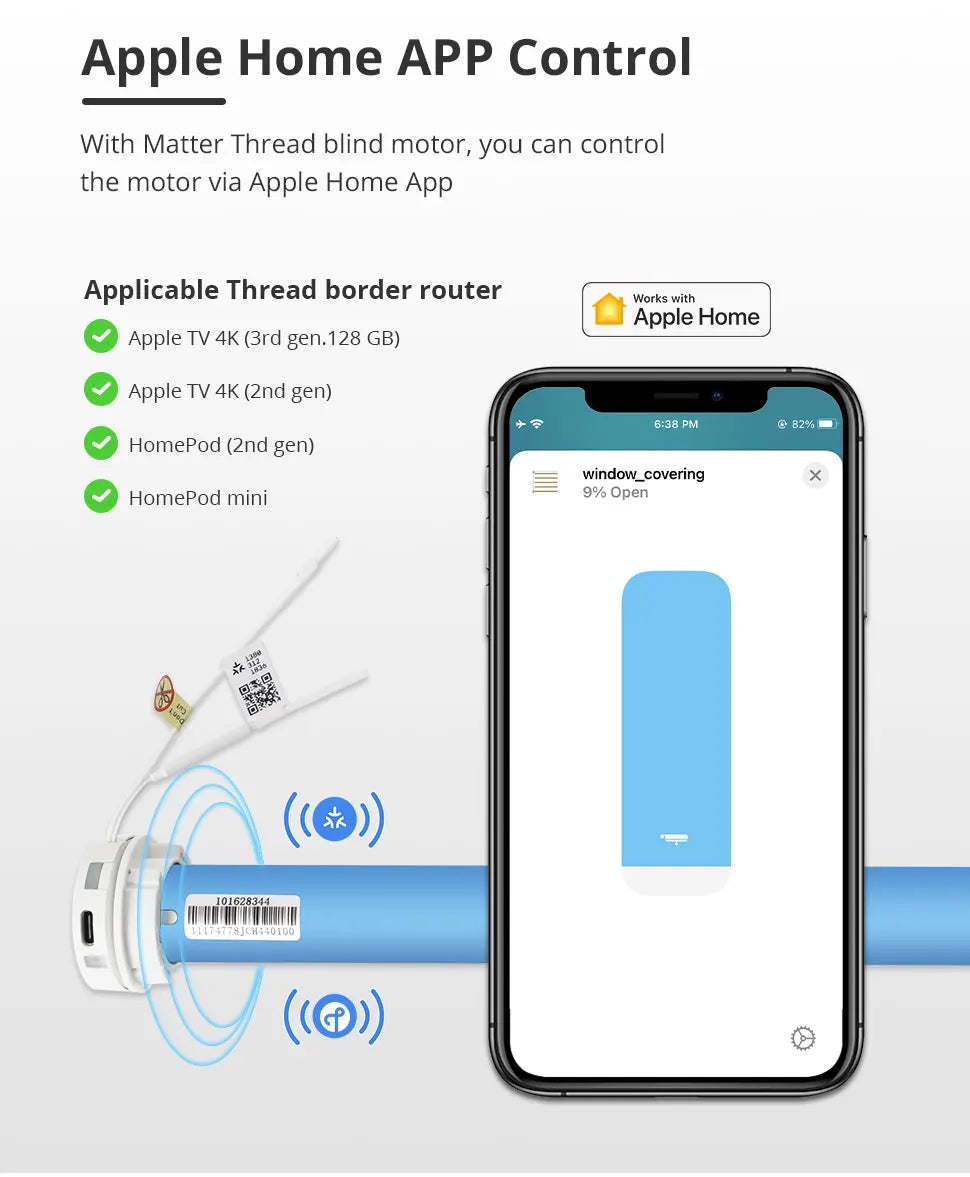 Zemismart Matter Smart Roller Shade Blinds – Motor with Built-in Battery, 38mm Tube, Compatible with HomeKit, Google Home, SmartThings App