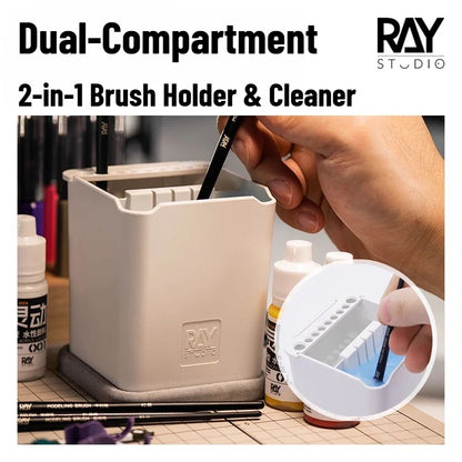 RAY Studio Dual-Compartment Brush Cleaning Pot – 2-in-1 Absorbent Pad & Modeling Brush Holder Cleaner