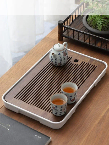 Portable Bamboo Tea Tray – Kung Fu Tea Set Grid Tray with Drainage for Dry & Wet Use