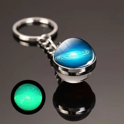 Glow in the Dark Solar System Keychain – Luminous Nebula Planet Key Ring with Moon, Earth, Sun, Double-Sided Glass Ball
