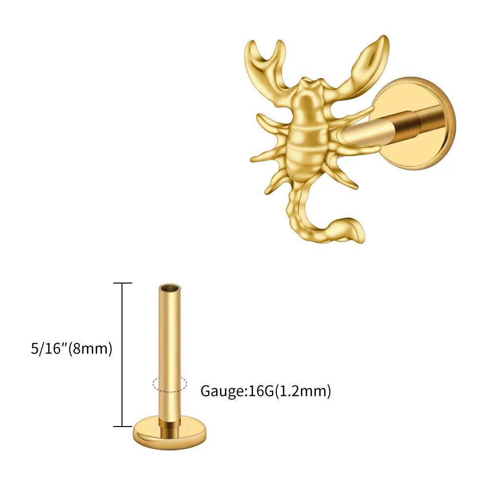 Right Grand ASTM F136 Titanium 16G Scorpion Labret Stud Earring – Flatback Zodiac Design for Tragus, Helix & Cartilage Piercing Body Jewelry