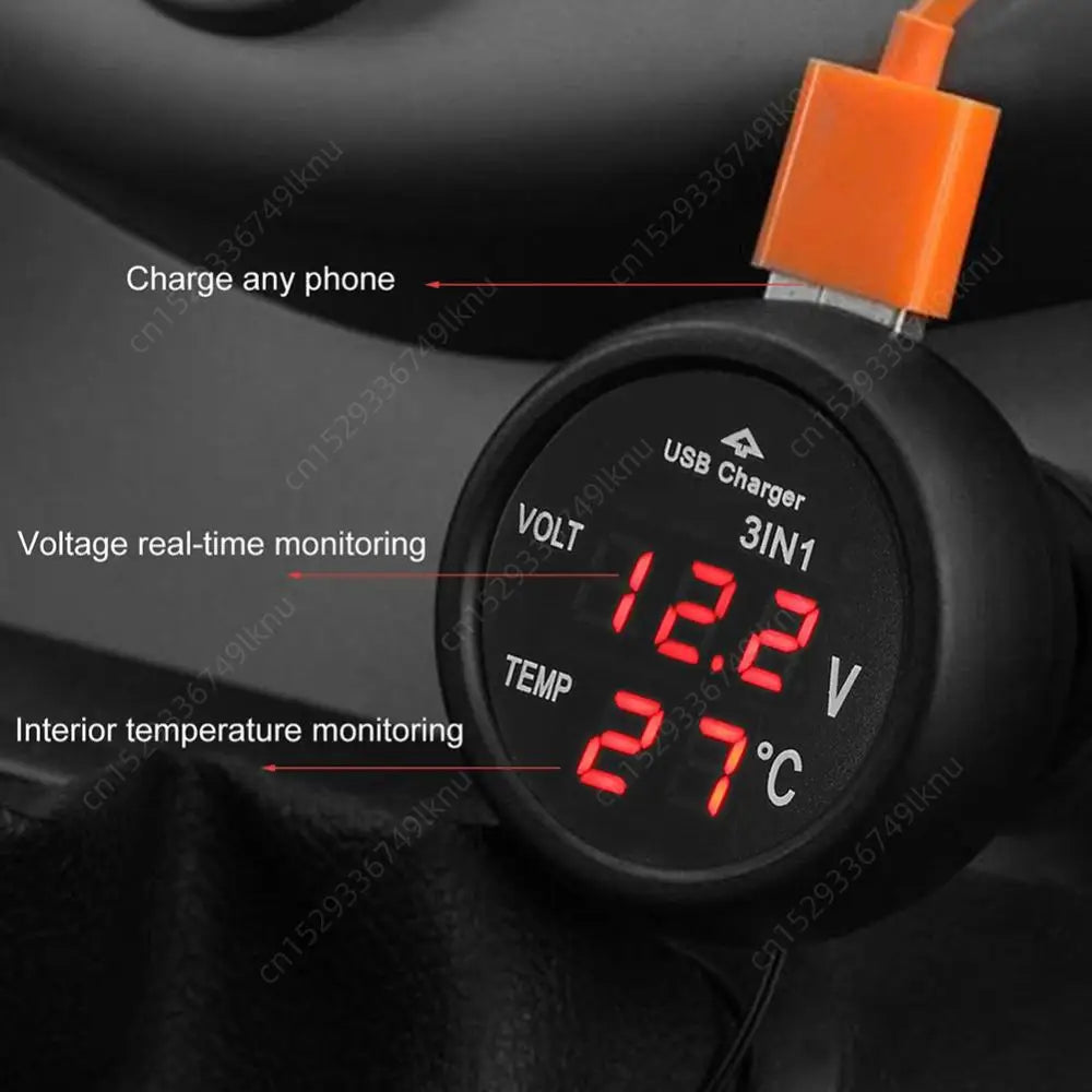 3-in-1 Car Charger & Voltmeter – 12/24V USB Charger with Thermometer, LED Digital Display & Current/Volt Detector