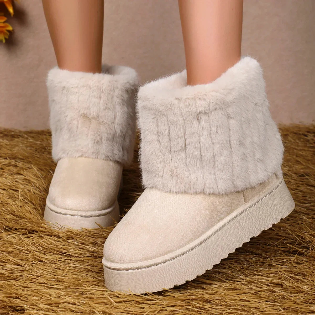 Women’s Winter Mid-Calf Boots – Round Toe Plush Lined, Thick Sole, Anti-Slip Casual Snow Boots in Beige