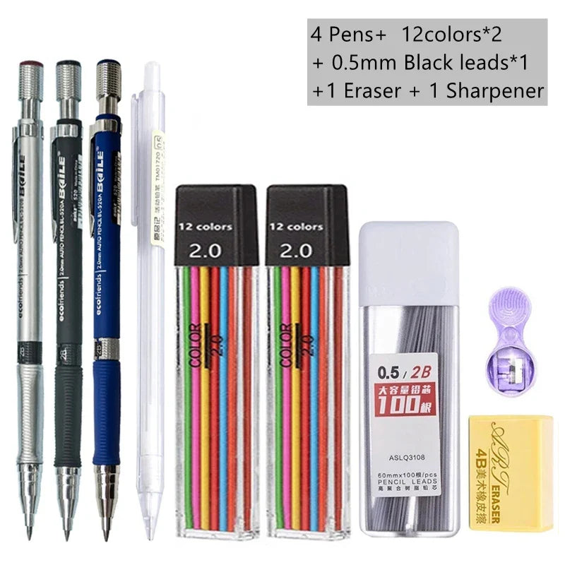 2.0mm Mechanical Pencil Set with 2B Black & Color Lead Refills – Automatic Pencil for Sketching, Drawing & Writing