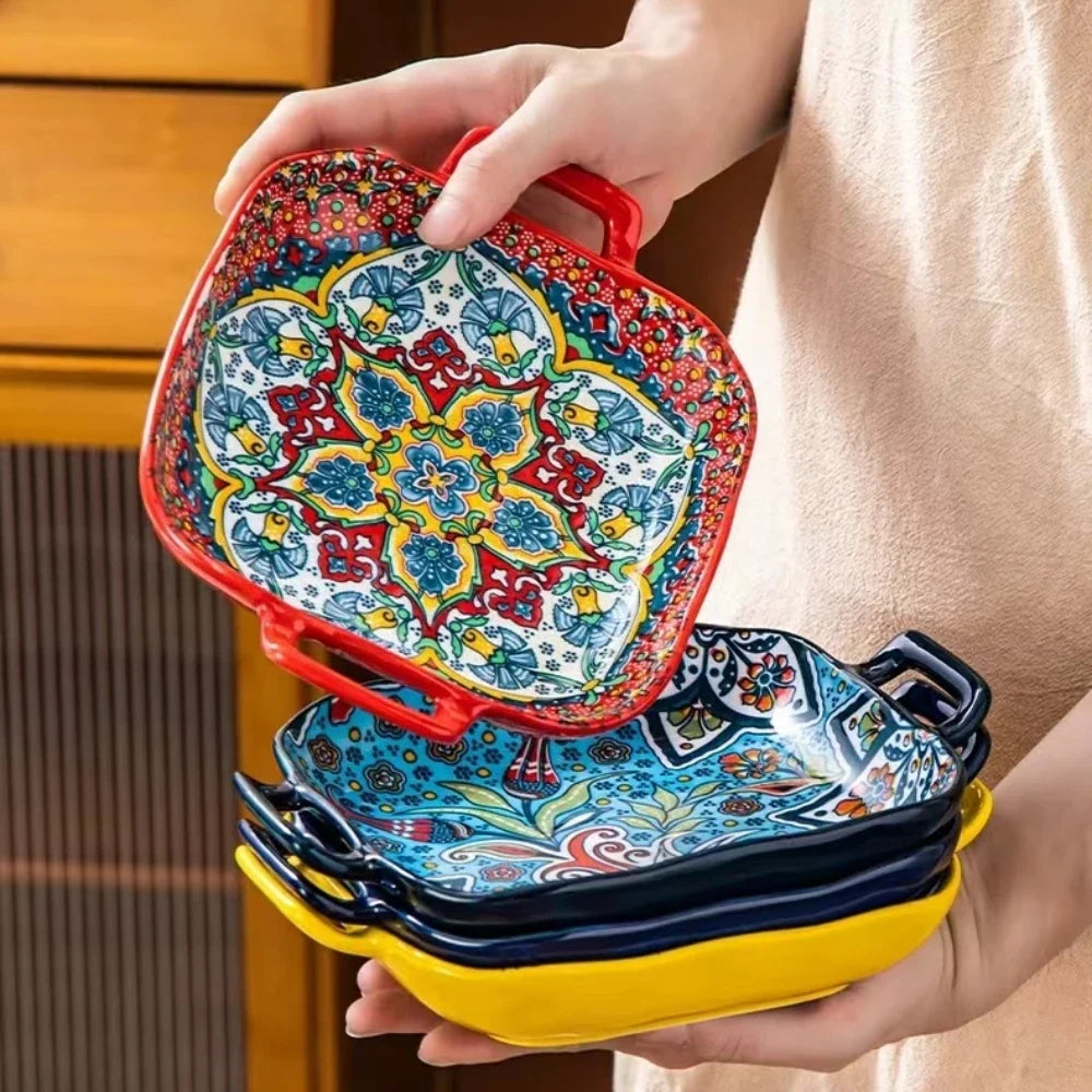 9-Inch Bohemian Style Ceramic Salad Plate with Double Ears — Oven & Microwave Safe Pasta Dish