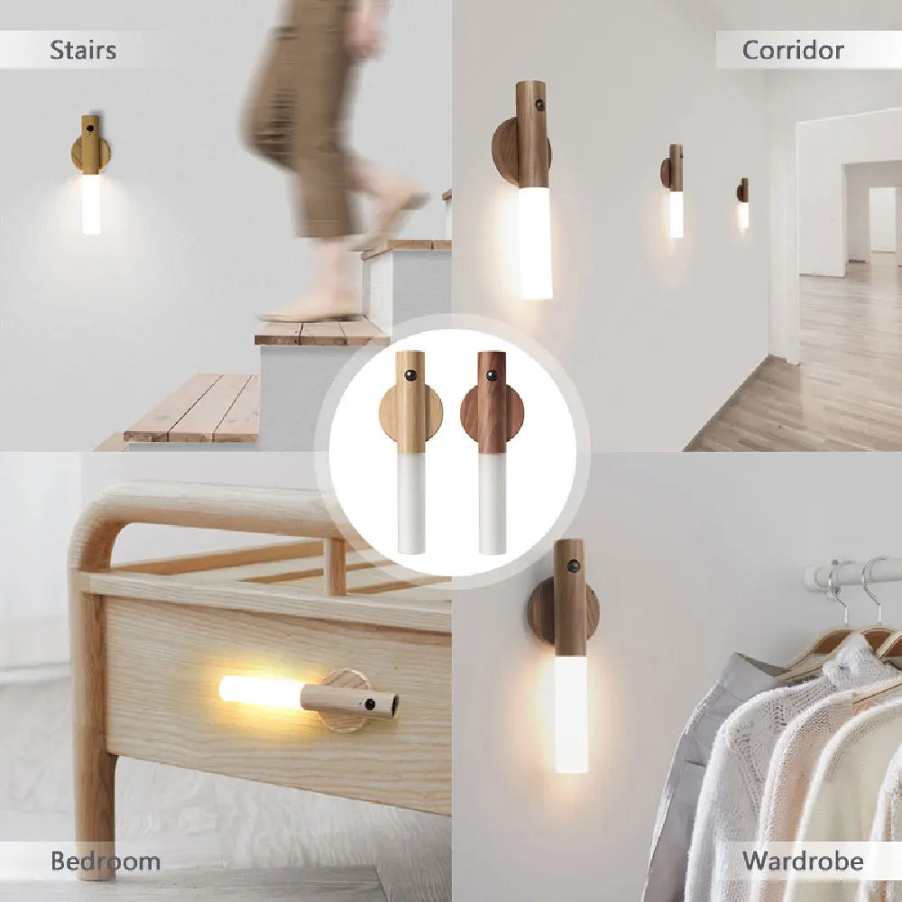 LED Wood USB Night Light: Magnetic Wall Lamp for Kitchen, Closet, Bedroom - Versatile Bedside and Staircase Lighting Solution