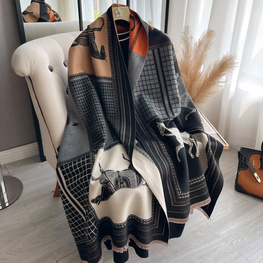 Autumn Winter Women’s Scarf — Pashmina Shawl & Wrap, Thick Cashmere Blanket Stole, Warm Outdoor Bufanda 2024 New Print